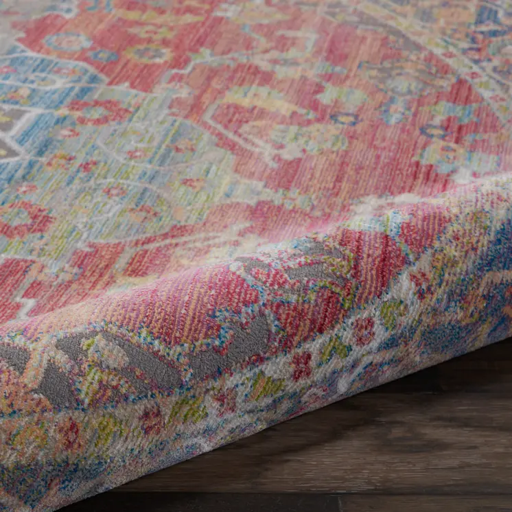 4' Blue and Red Floral Medallion Distressed Non Skid Round Rug