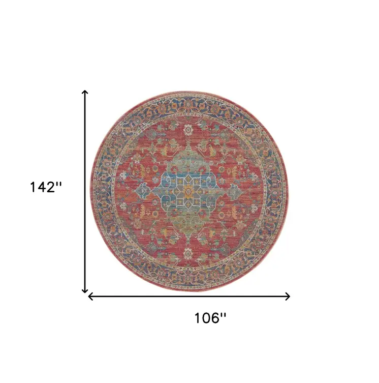 4' Blue and Red Floral Medallion Distressed Non Skid Round Rug