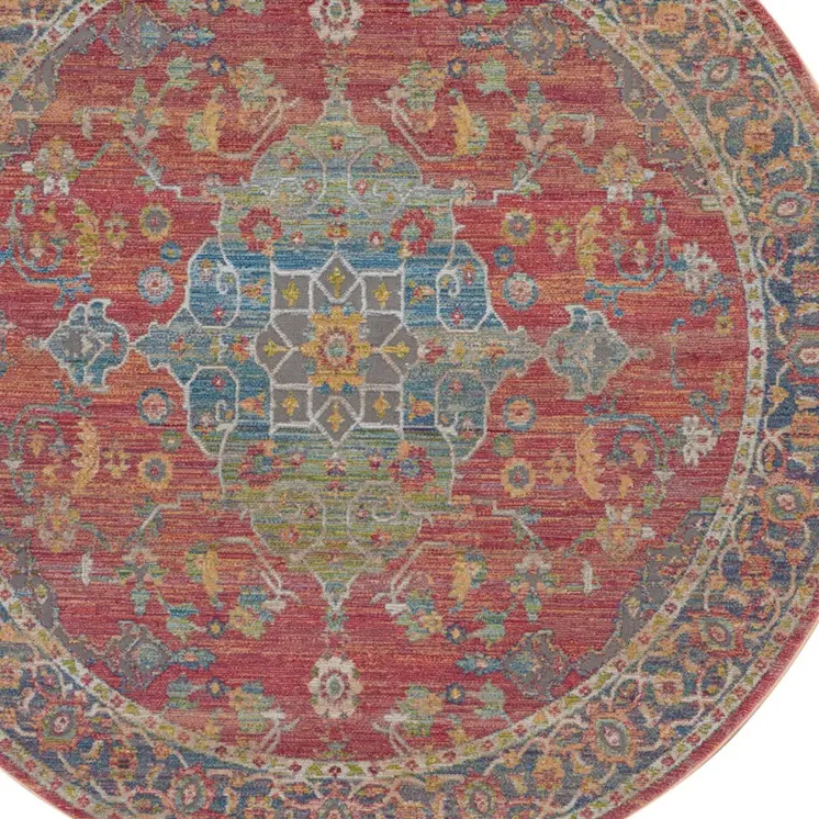 4' Blue and Red Floral Medallion Distressed Non Skid Round Rug