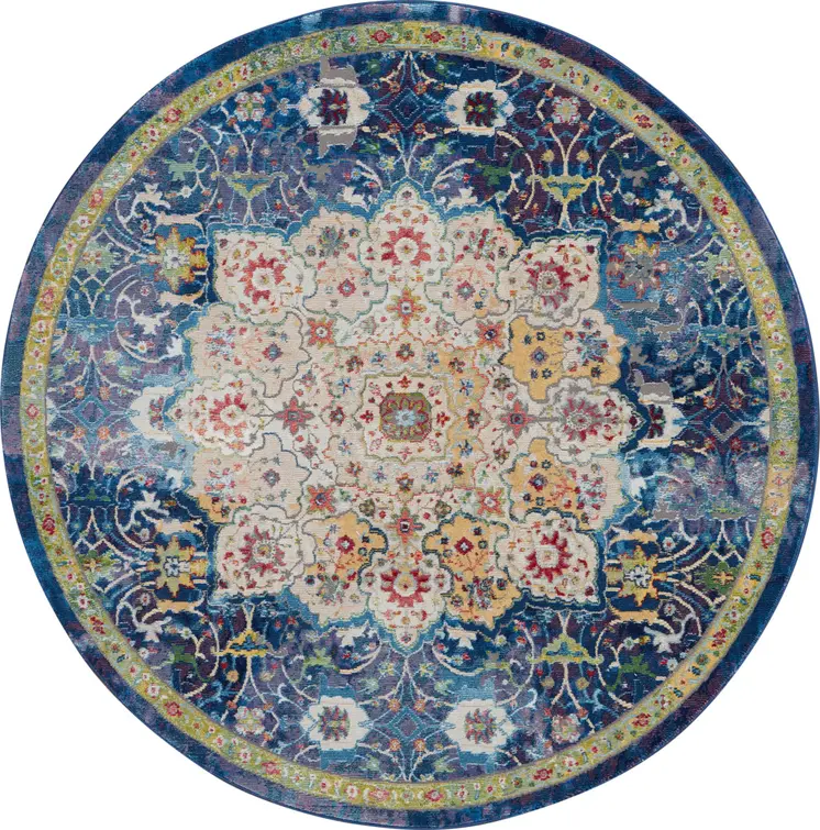 4' Navy Blue and Gold Medallion Distressed Non Skid Round Rug