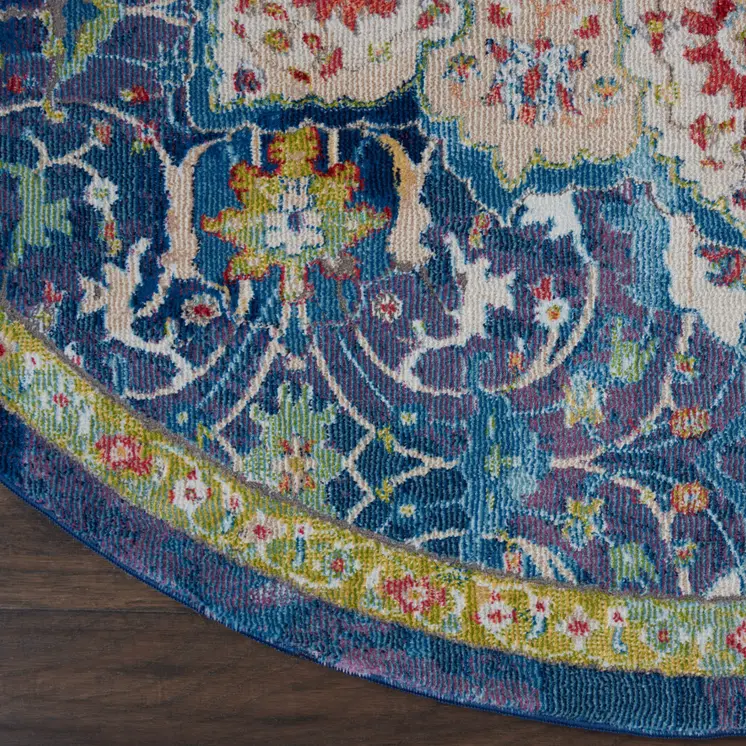 4' Navy Blue and Gold Medallion Distressed Non Skid Round Rug