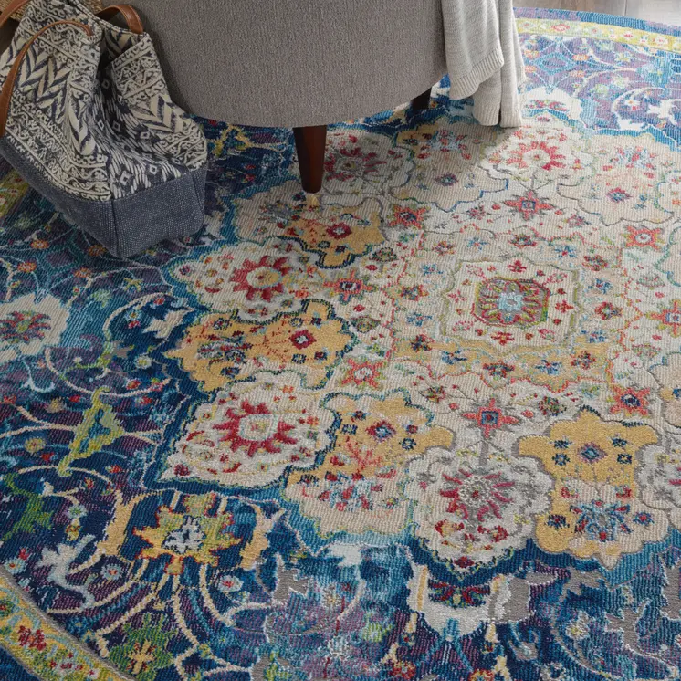 4' Navy Blue and Gold Medallion Distressed Non Skid Round Rug