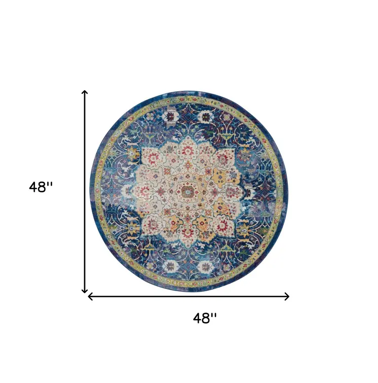 4' Navy Blue and Gold Medallion Distressed Non Skid Round Rug