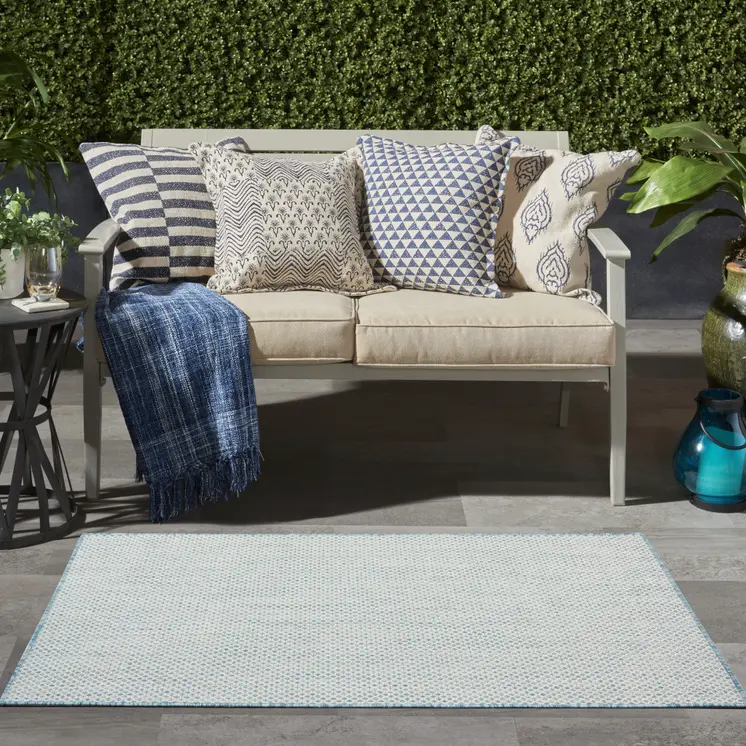 3' X 5' Aqua And Ivory Geometric Indoor Outdoor Area Rug