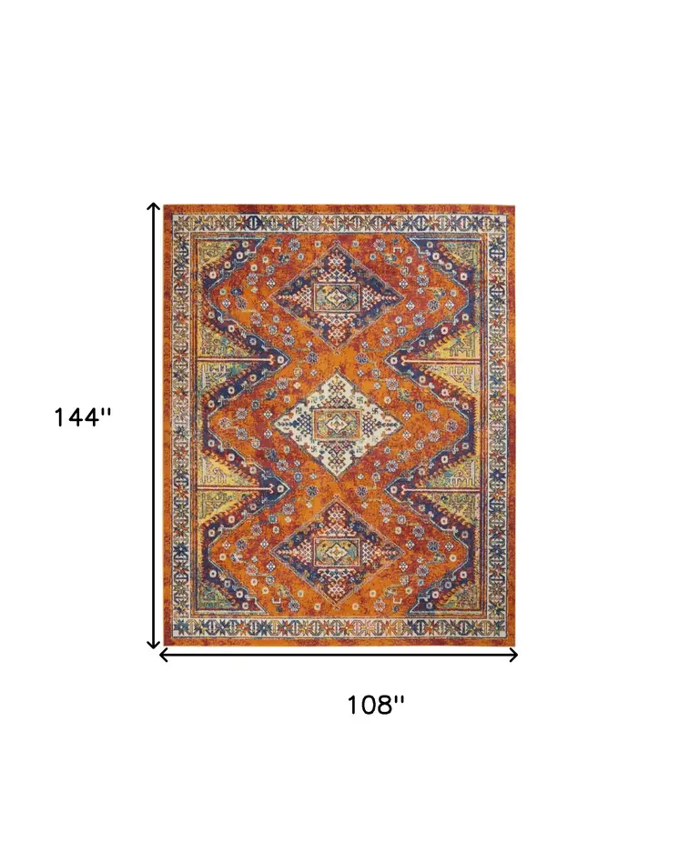 9' X 12' Orange Blue And Yellow Geometric Area Rug