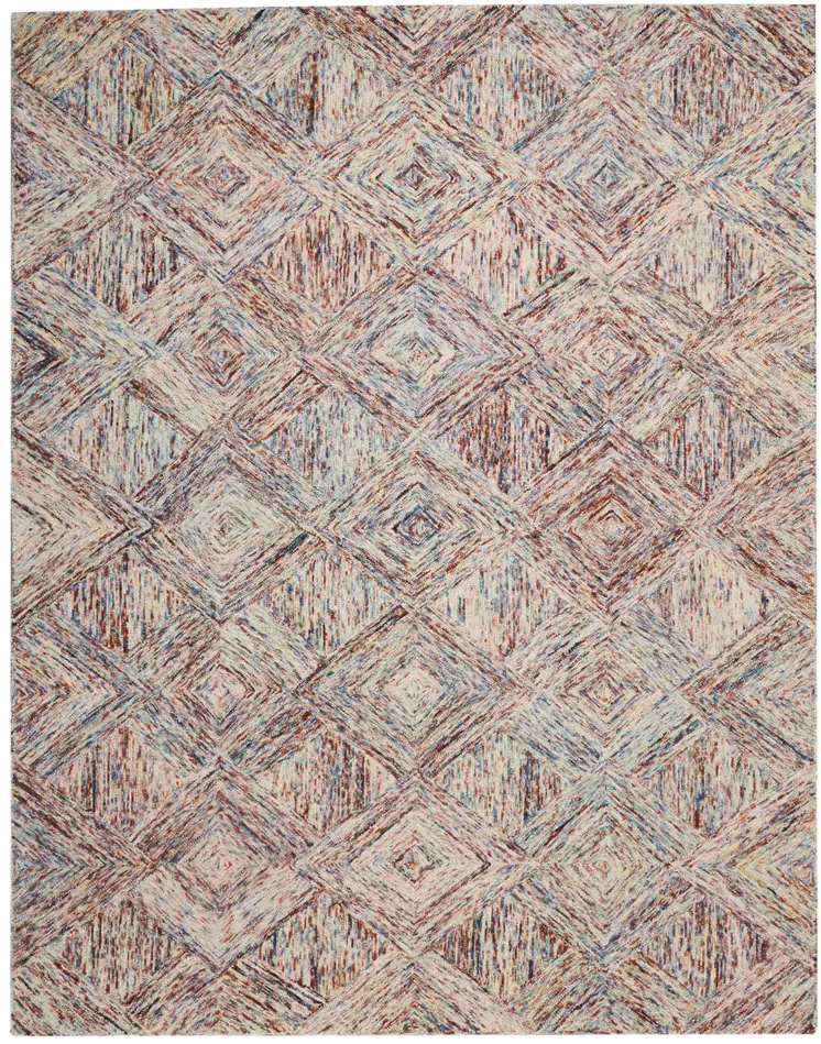 8' X 11' Ivory Red and Blue Wool Geometric Area Rug