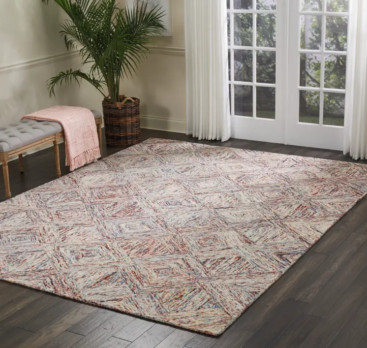8' X 11' Ivory Red and Blue Wool Geometric Area Rug