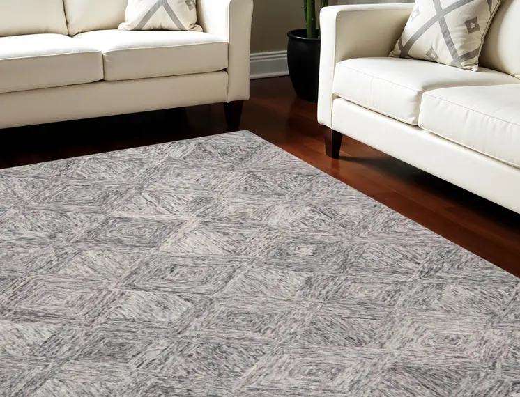 8' X 11' Ivory Black and Gray Wool Geometric Area Rug