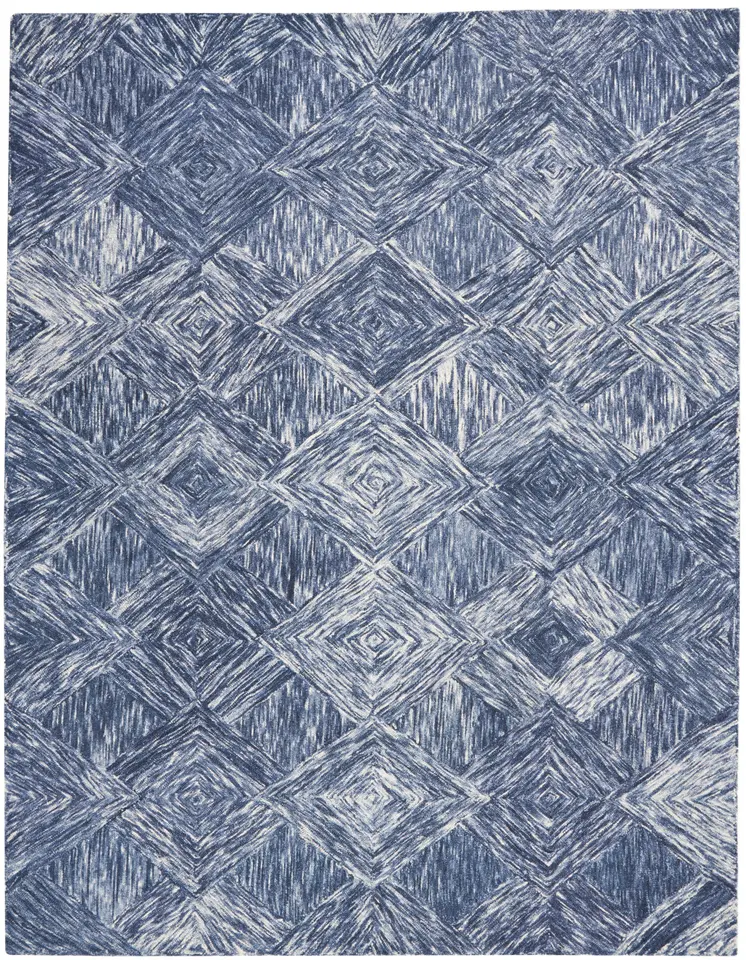 8' X 11' Denim Blue and Ivory Wool Geometric Area Rug