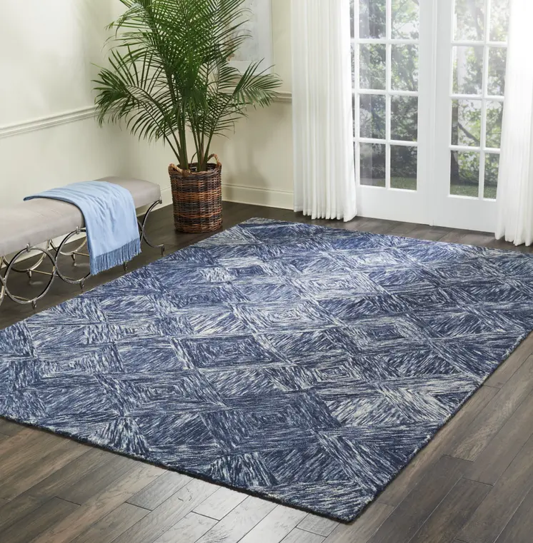 8' X 11' Denim Blue and Ivory Wool Geometric Area Rug