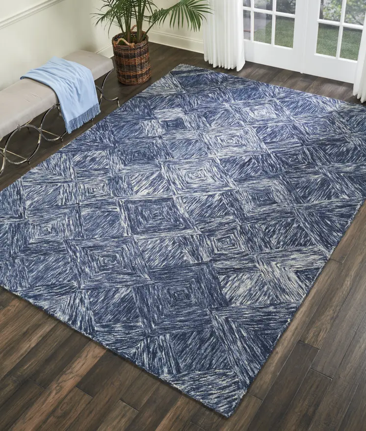 8' X 11' Denim Blue and Ivory Wool Geometric Area Rug
