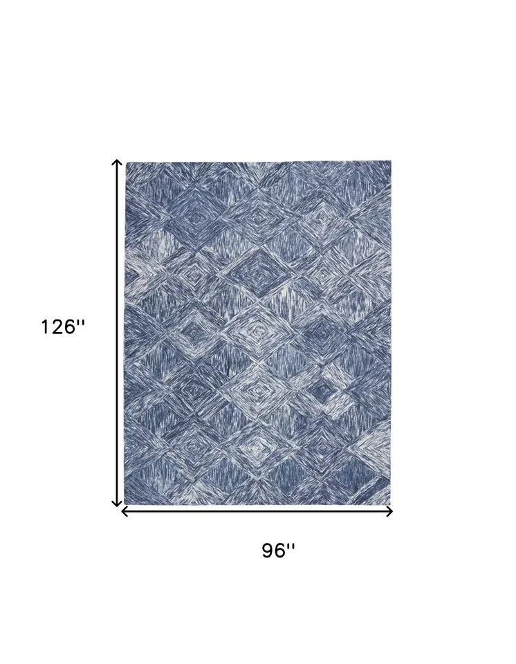8' X 11' Denim Blue and Ivory Wool Geometric Area Rug