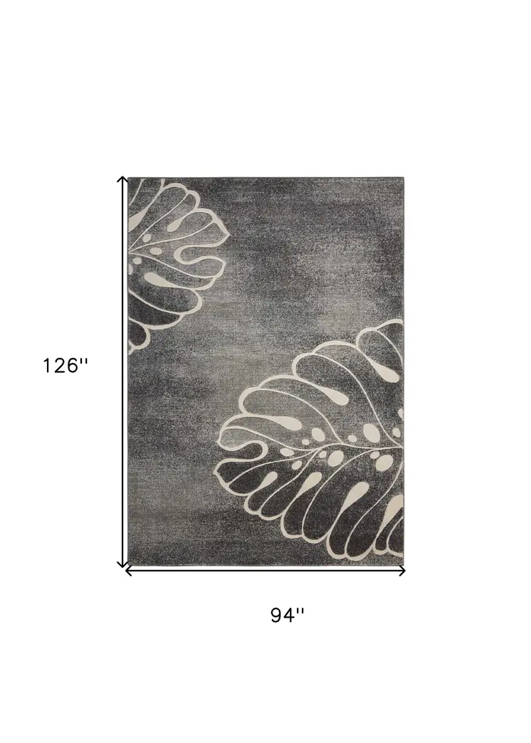 8' X 11' Ivory Black and Gray Botanical Leaves Area Rug