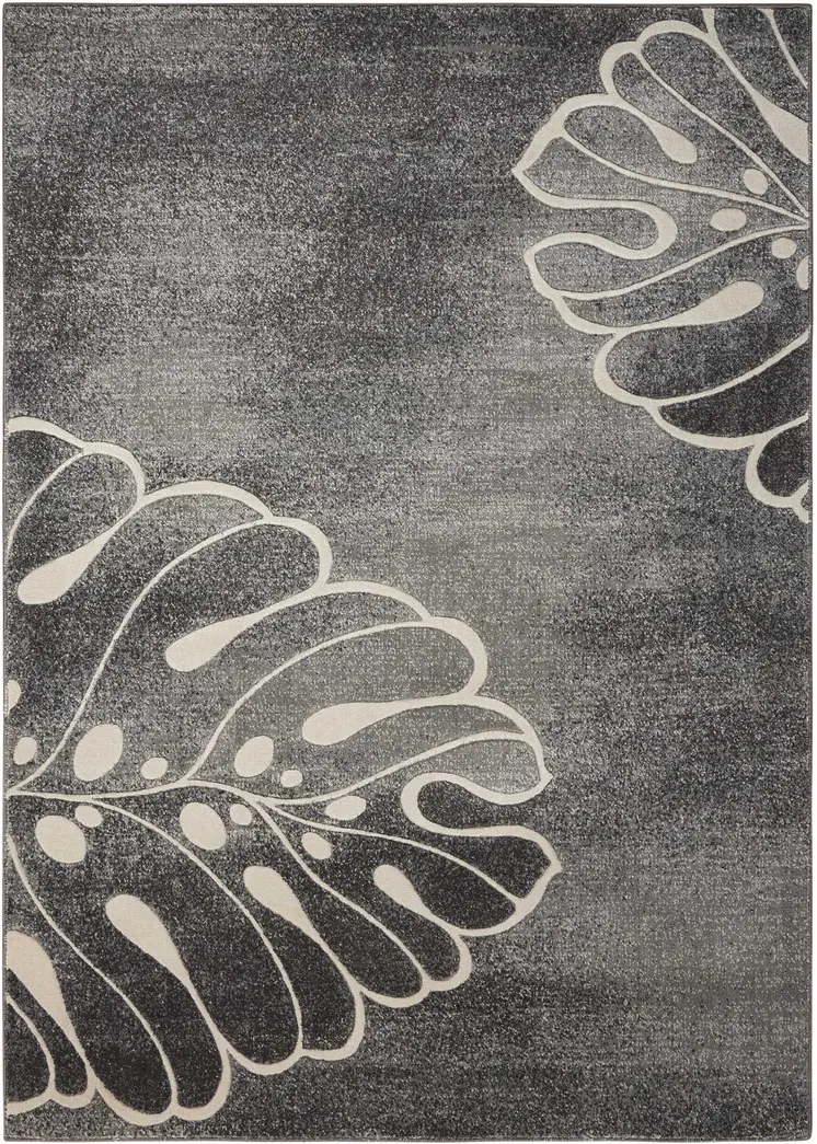 8' X 11' Ivory Black and Gray Botanical Leaves Area Rug