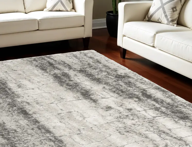 8' X 10' Charcoal And Ivory Abstract Shag Distressed Area Rug