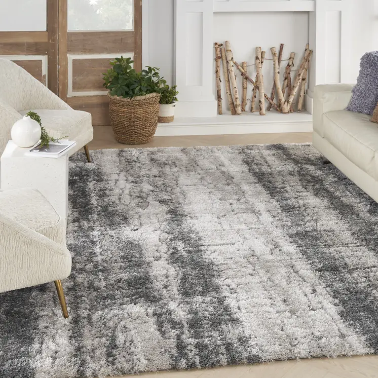 8' X 10' Charcoal And Ivory Abstract Shag Distressed Area Rug