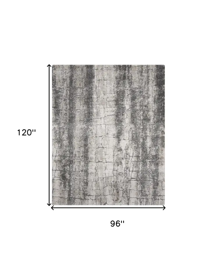 8' X 10' Charcoal And Ivory Abstract Shag Distressed Area Rug