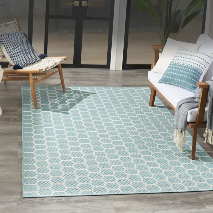 4' X 6' Aqua And Ivory Geometric Indoor Outdoor Area Rug