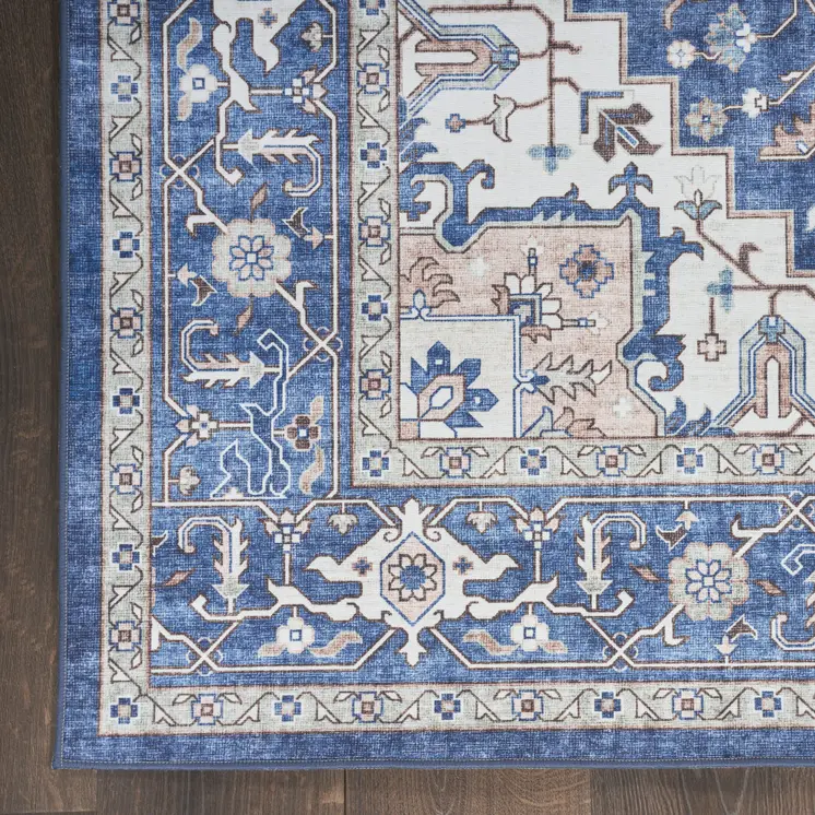8' X 10' Ivory and Blue Medallion Distressed Non Skid Area Rug
