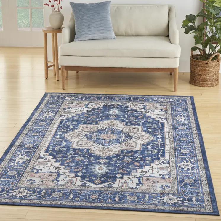 8' X 10' Ivory and Blue Medallion Distressed Non Skid Area Rug