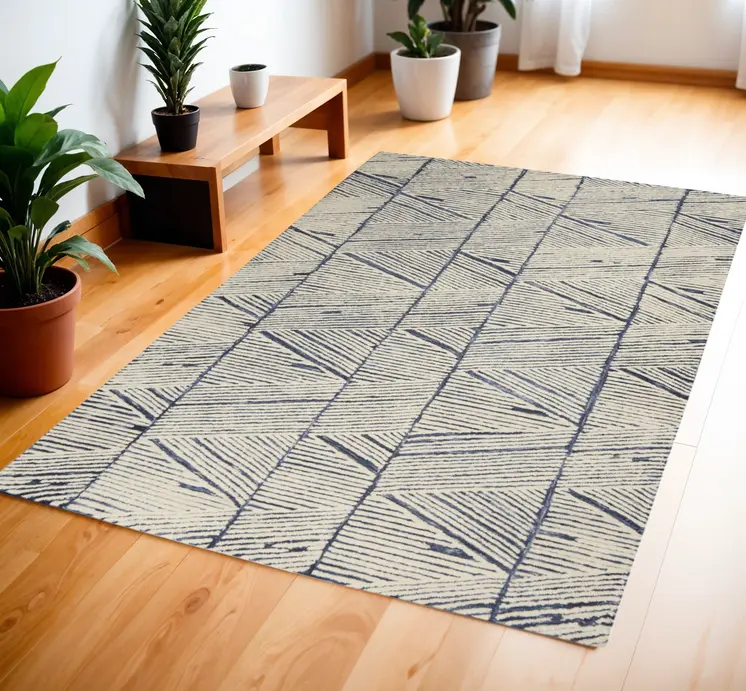 4' X 6' Blue and White Wool Abstract Area Rug