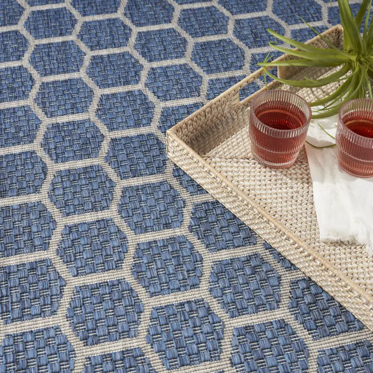 4' X 6' Blue And Ivory Geometric Indoor Outdoor Area Rug