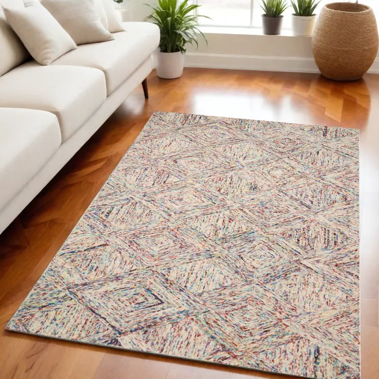 5' X 8' Ivory Red and Blue Wool Geometric Area Rug