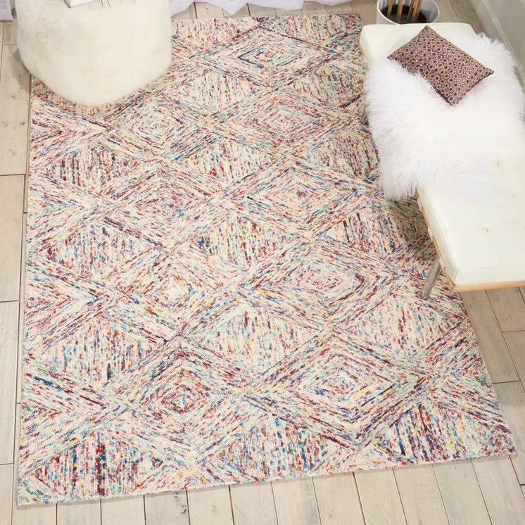 5' X 8' Ivory Red and Blue Wool Geometric Area Rug