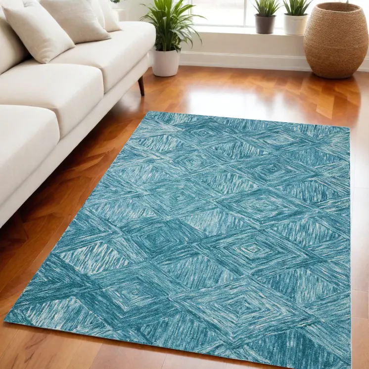 5' X 8' Ivory and Blue Wool Geometric Area Rug