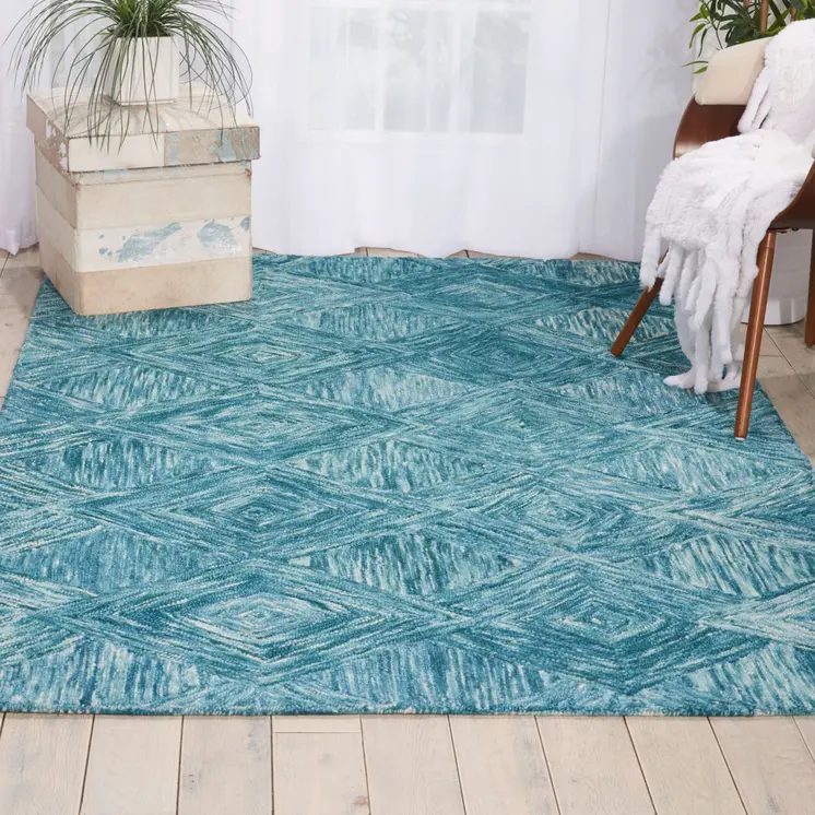 5' X 8' Ivory and Blue Wool Geometric Area Rug