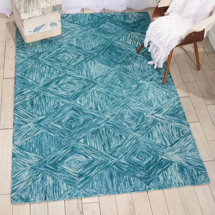5' X 8' Ivory and Blue Wool Geometric Area Rug