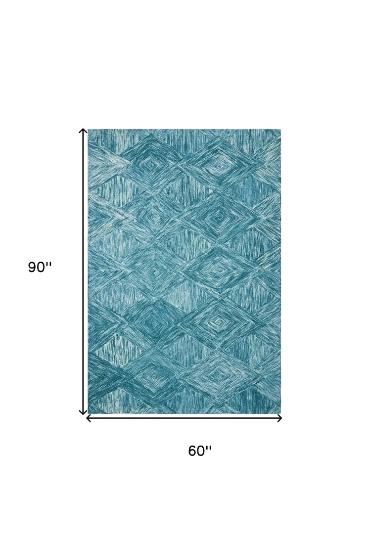 5' X 8' Ivory and Blue Wool Geometric Area Rug