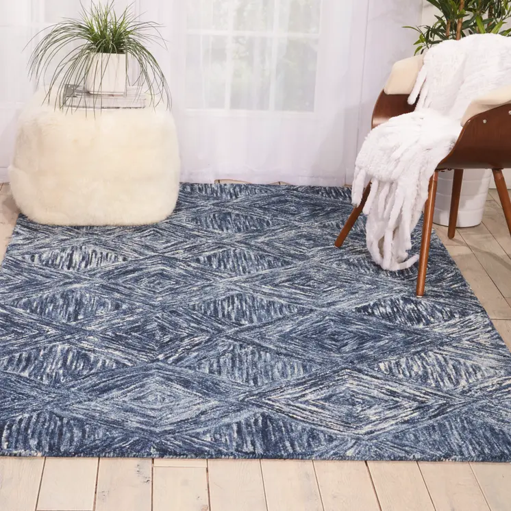 5' X 8' Denim Blue and Ivory Wool Geometric Area Rug