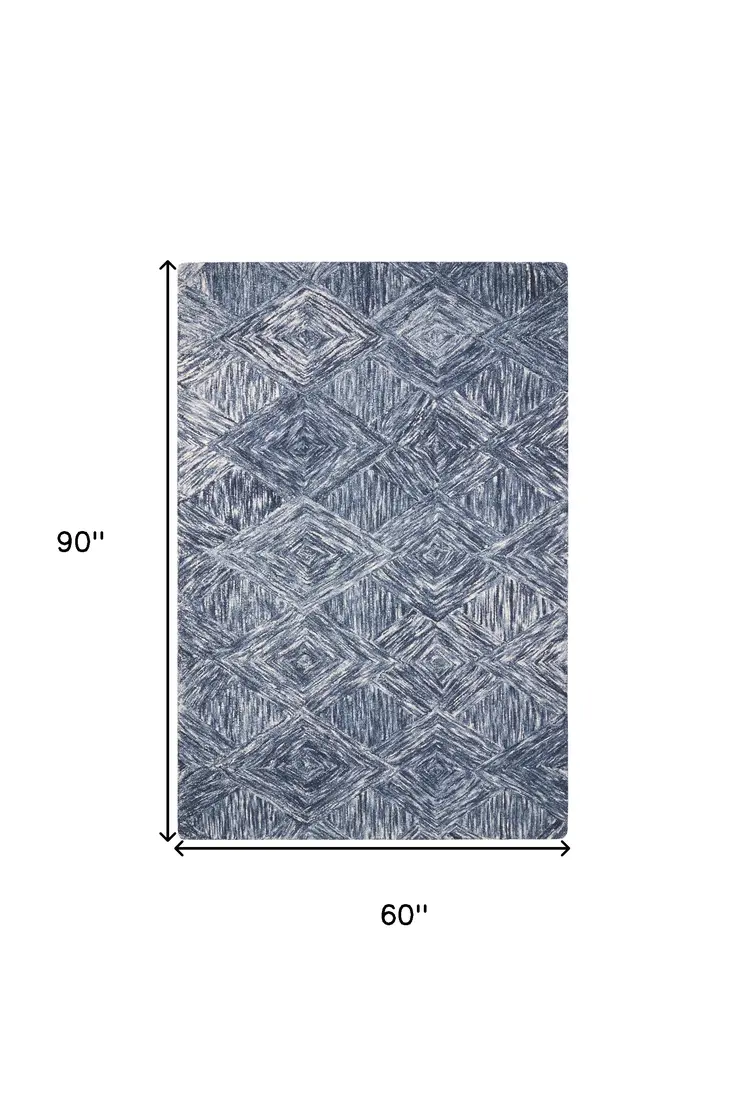 5' X 8' Denim Blue and Ivory Wool Geometric Area Rug