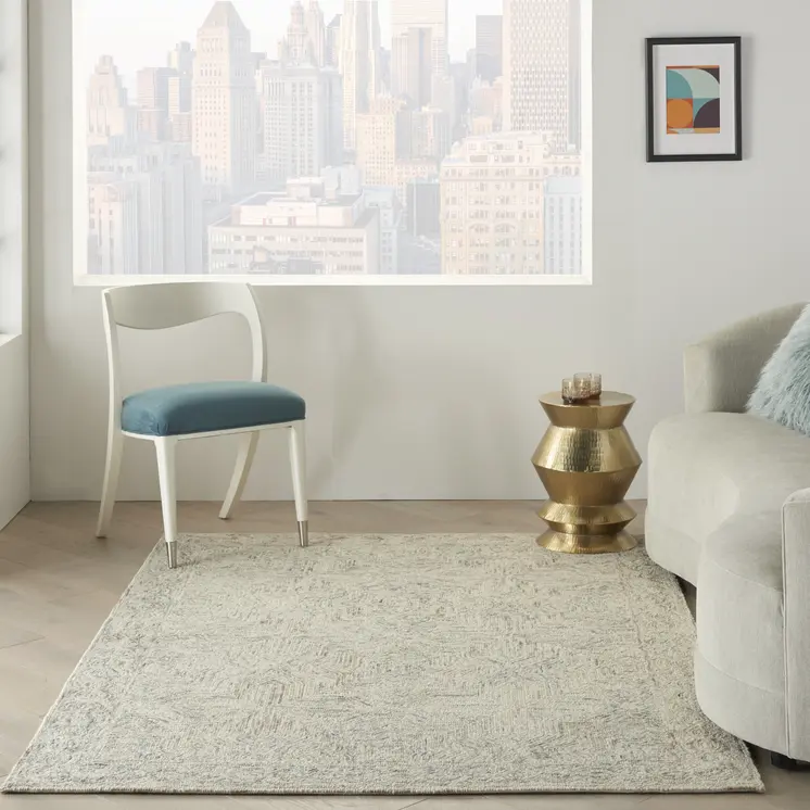 4' X 6' Ivory and Blue Wool Geometric Area Rug