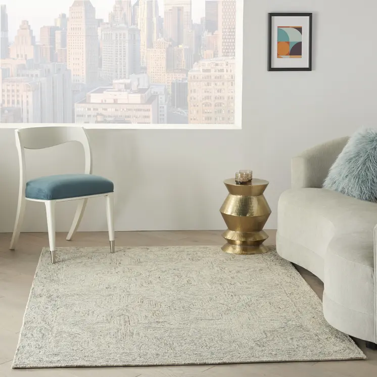 4' X 6' Ivory and Blue Wool Geometric Area Rug