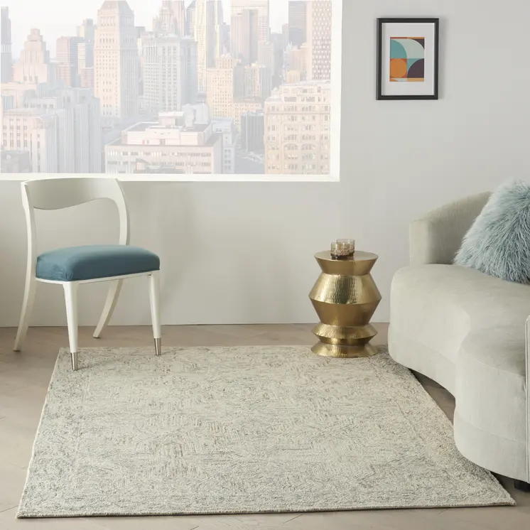 4' X 6' Ivory and Blue Wool Geometric Area Rug