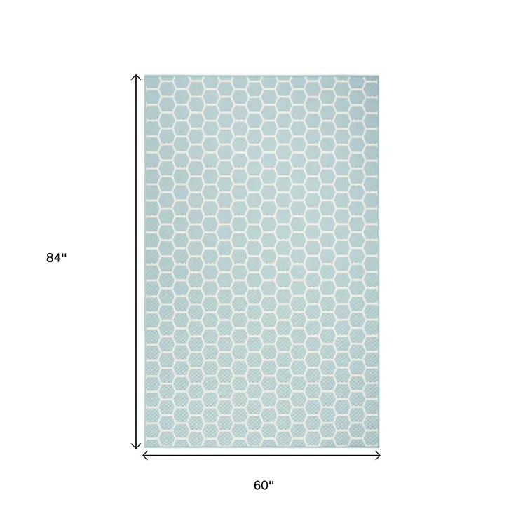 6' X 9' Aqua And Ivory Geometric Indoor Outdoor Area Rug