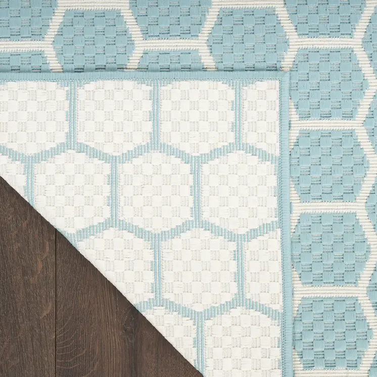 6' X 9' Aqua And Ivory Geometric Indoor Outdoor Area Rug