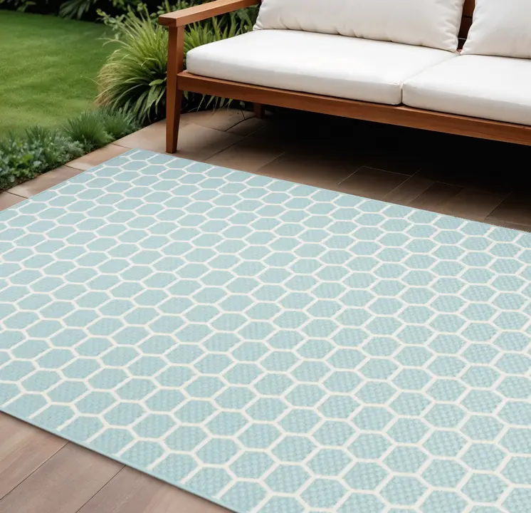6' X 9' Aqua And Ivory Geometric Indoor Outdoor Area Rug