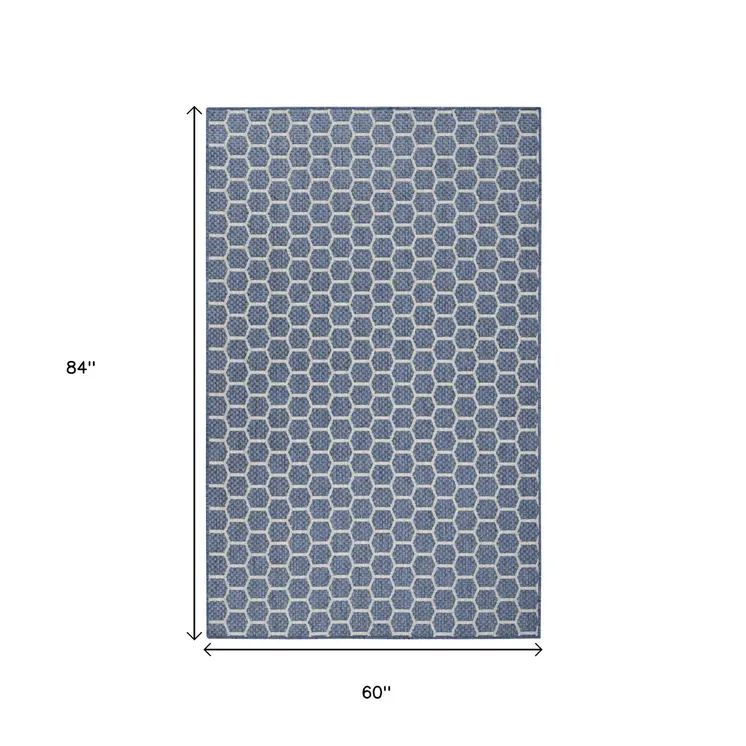 6' X 9' Blue And Ivory Geometric Indoor Outdoor Area Rug