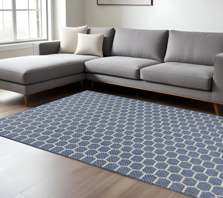 6' X 9' Blue And Ivory Geometric Indoor Outdoor Area Rug