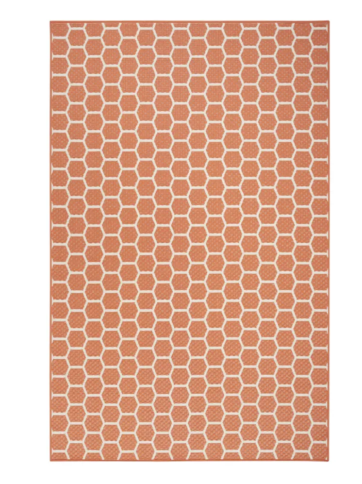 6' X 9' Coral And Ivory Geometric Indoor Outdoor Area Rug