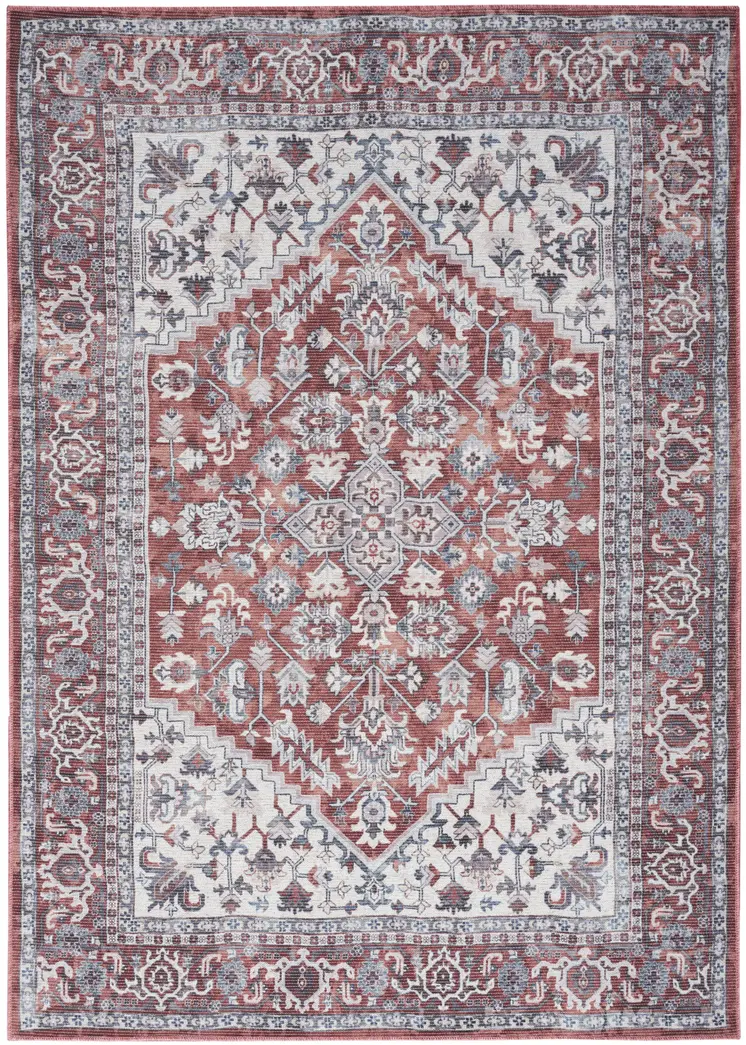 4' X 6' Red and Ivory Floral Medallion Power Loom Distressed Area Rug
