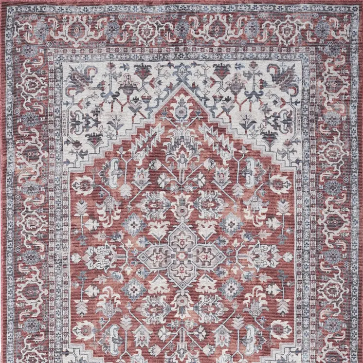 4' X 6' Red and Ivory Floral Medallion Power Loom Distressed Area Rug