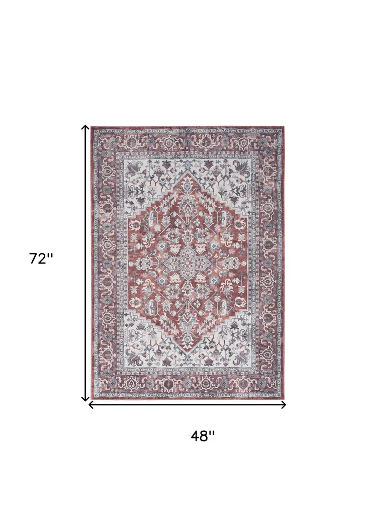 4' X 6' Red and Ivory Floral Medallion Power Loom Distressed Area Rug