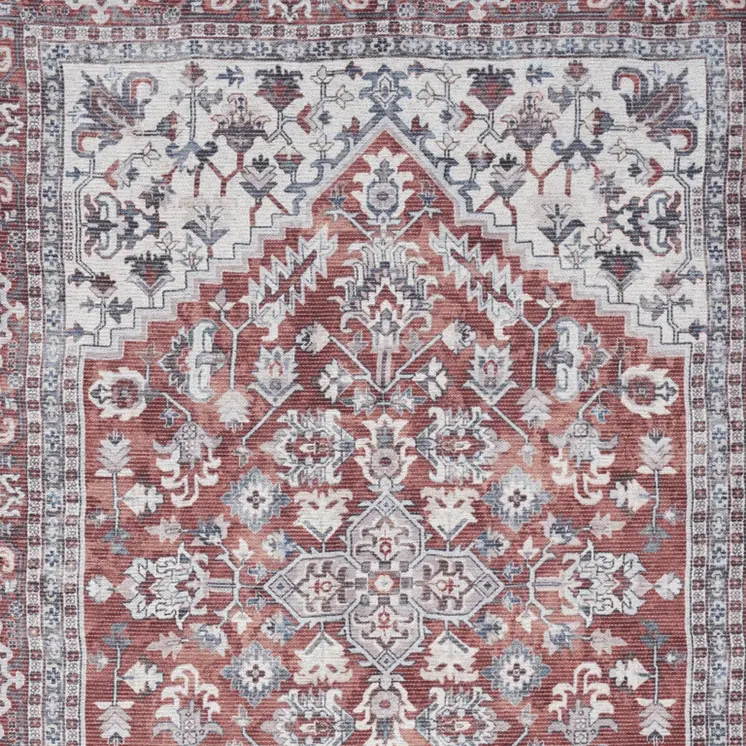 4' X 6' Red and Ivory Floral Medallion Power Loom Distressed Area Rug