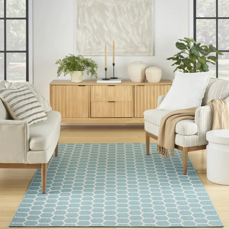5' X 7' Aqua And Ivory Geometric Indoor Outdoor Area Rug