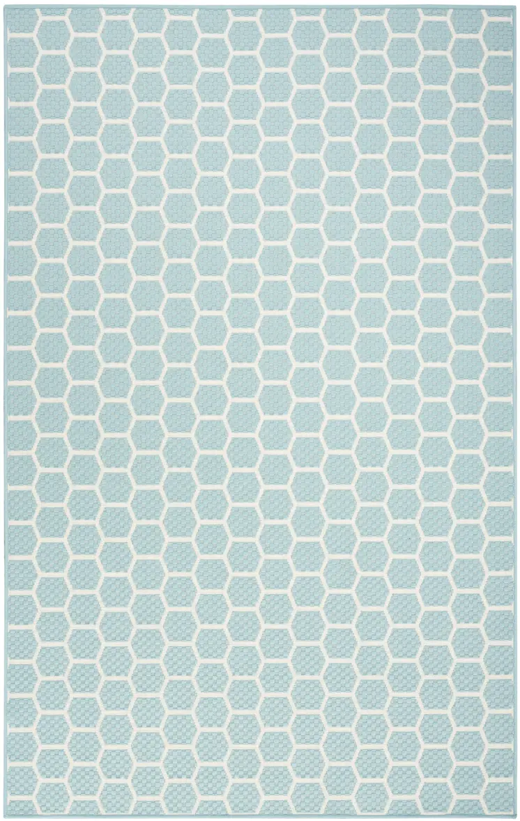 5' X 7' Aqua And Ivory Geometric Indoor Outdoor Area Rug