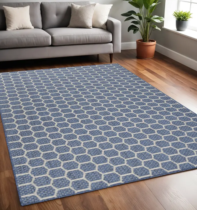 5' X 7' Blue And Ivory Geometric Indoor Outdoor Area Rug